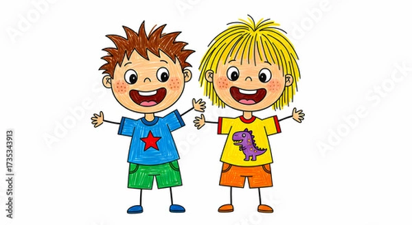 Obraz Two happy cartoon children, a boy and girl, smiling and waving with their hands up, isolated on a white background, illustration