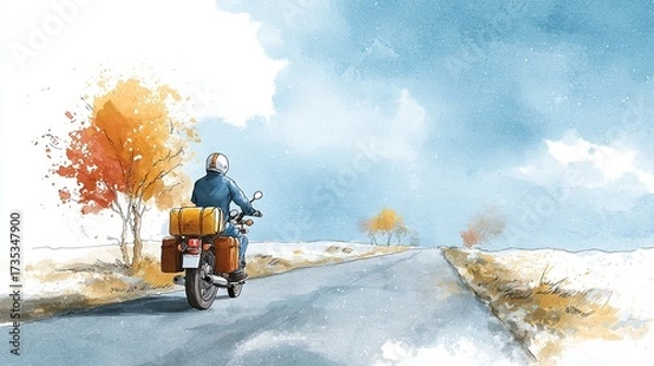 Fototapeta A watercolor illustration of a motorcyclist riding down a scenic road surrounded by autumn trees under a blue sky.