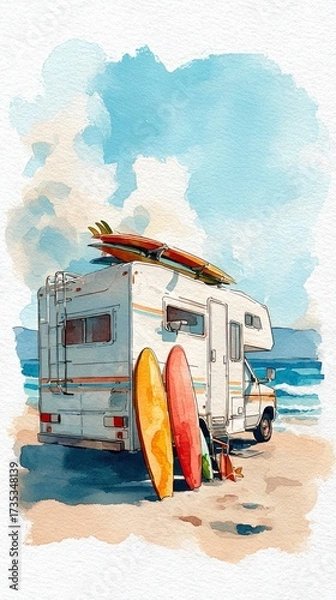 Fototapeta A colorful watercolor depiction of a camper van parked on a beach, with surfboards propped against it, evoking a sense of adventure and leisure by the ocean.