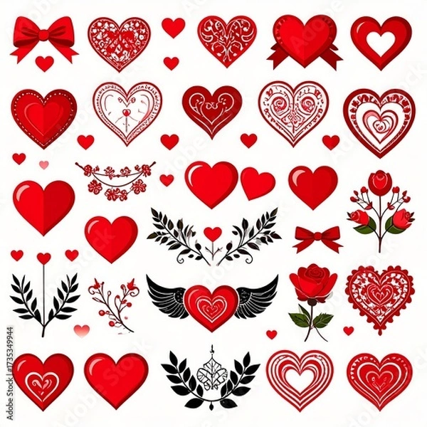 Obraz Collection of decorative red hearts and floral elements