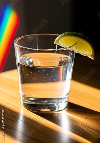 Fototapeta Refreshing crystal clear water with a slice of citrus fruit, sunlit scene