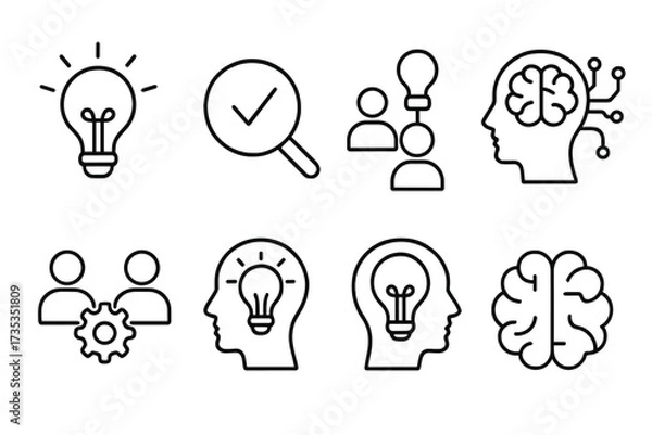 Fototapeta Set of creativity and innovation line icons. Concepts for brainstorming, finding solutions, creative thinking, and teamwork. Vector symbols for idea, mind, brain, and technology.