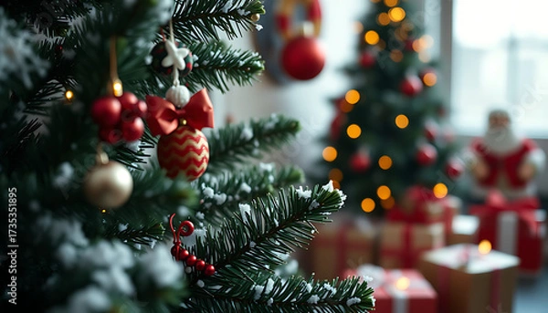 Obraz festive christmas tree decorations and gifts in a cozy home setting