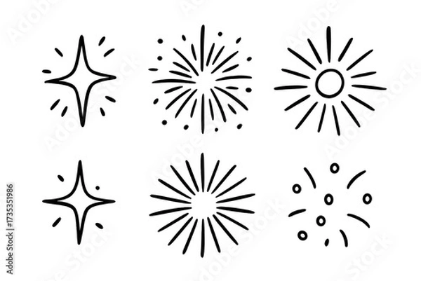 Fototapeta Hand drawn doodle sparkle and starburst vector set. Sunburst rays, firework explosion, glitter shine elements. Retro star, sun beams, confetti sketch icons for decoration.