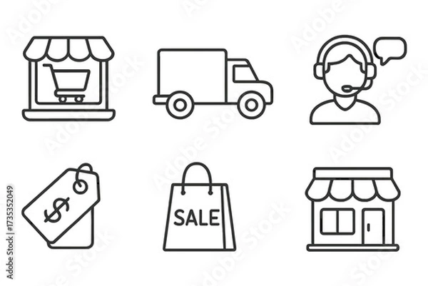 Obraz E-commerce web icons in line style. Online shopping, delivery, tracking, customer service, price tag, sale collection. Vector illustration for website and mobile app design.