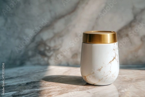 Fototapeta Elegant white tumbler with golden lid resting on luxurious marble surface with soft lighting