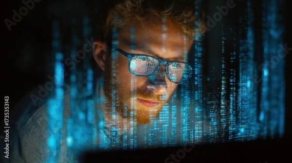 Fototapeta Fintech professional analyzing real-time stock market data with futuristic digital interface