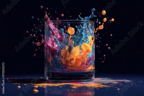 Fototapeta Dynamic liquid splashes frozen in time exploding from a clear glass in vibrant colors