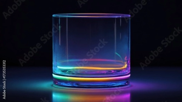 Fototapeta Floating clear tumbler glass with vibrant neon rim lighting reflecting on a dark surface