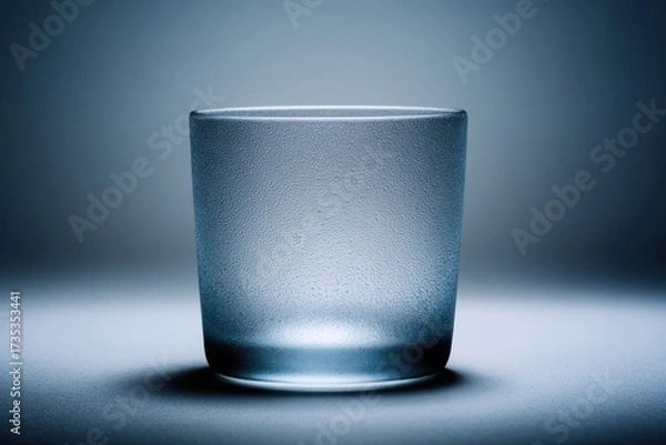 Fototapeta Frosted glass tumbler with intricate etched pattern in minimal studio lighting subtle blue hues