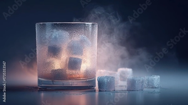 Fototapeta Frosted glass tumbler with condensation ice cubes and refreshing drink on a moody dark surface