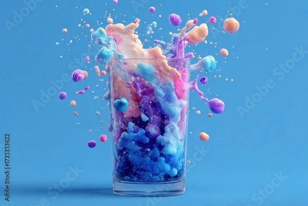 Fototapeta Dynamic abstract 3d liquid splash emanating from a tumbler filled with colorful spheres