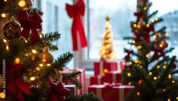 Obraz a festive holiday scene featuring christmas trees, gifts, and warm glowing lights near a window