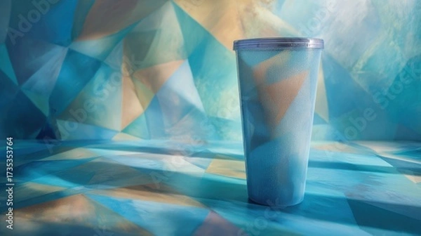 Fototapeta Frosted tumbler with cool beverage on abstract geometric background soft light