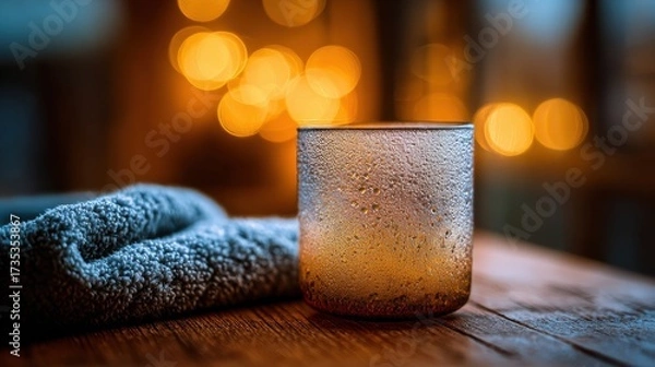 Fototapeta Cozy frosted tumbler on wooden table with warm bokeh lights and knitted blanket