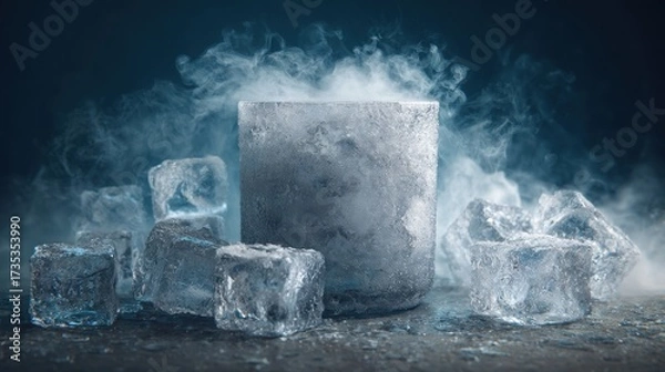 Fototapeta Frosted glass tumbler surrounded by ice cubes mist and smoke creating a cool refreshing atmosphere