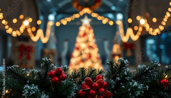 Obraz a festive christmas scene with bokeh lights, a decorated tree, and a snowy garland
