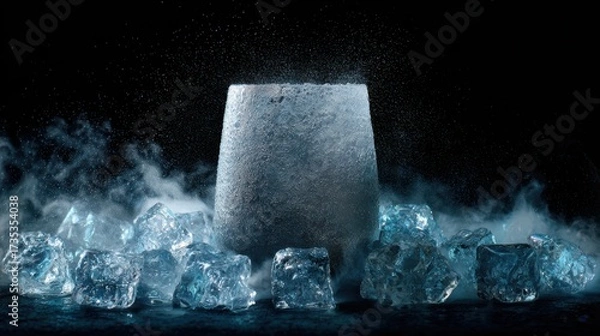 Fototapeta Frosted glass tumbler filled with cool refreshing beverage surrounded by melting ice cubes and condensation mist.