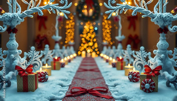 Obraz a festive christmas table setting with gifts, candles, and blurred christmas tree in the background