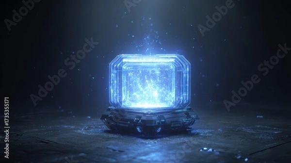 Fototapeta Futuristic holographic storage vault glowing with blue light energy data storage concept