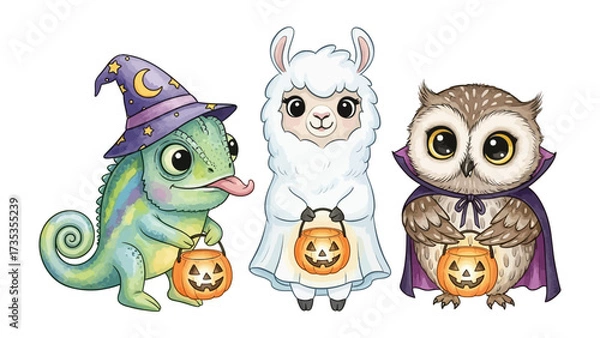 Fototapeta Halloween Characters Parade: An enchanting ensemble of a chameleon wizard, a llama ghost, and an owl vampire joyfully bear festive jack-o'-lanterns, painted in a charming, fantastical style.