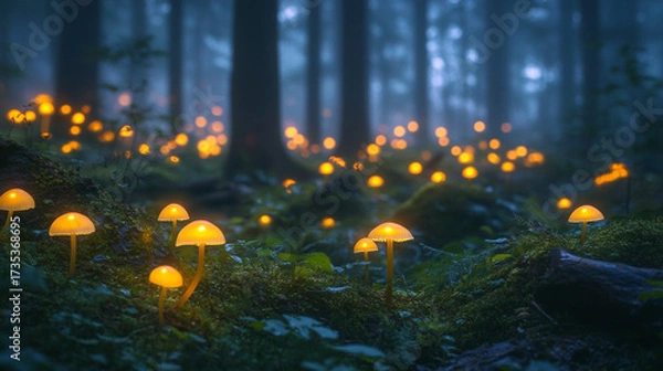 Fototapeta Glowing mushrooms in a magical forest illuminated by bioluminescent light
