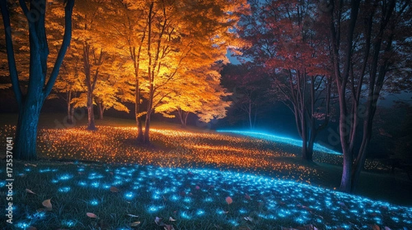Fototapeta Enchanted Forest Autumn Glow with Bioluminescent Meadow