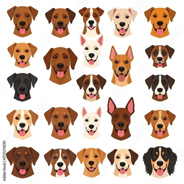 Obraz Collection of various dog head portraits.  Flat design, diverse breeds