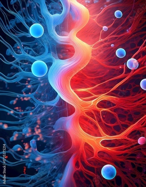 Fototapeta Vibrant abstract illustration depicting interconnected biological pathways, a visual representation of energy flow and cellular communication