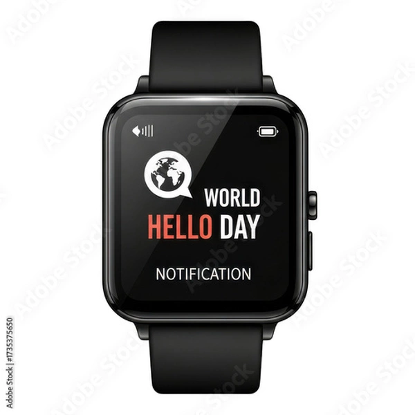 Fototapeta Smartwatch displaying world hello day notification isolated on transparent background