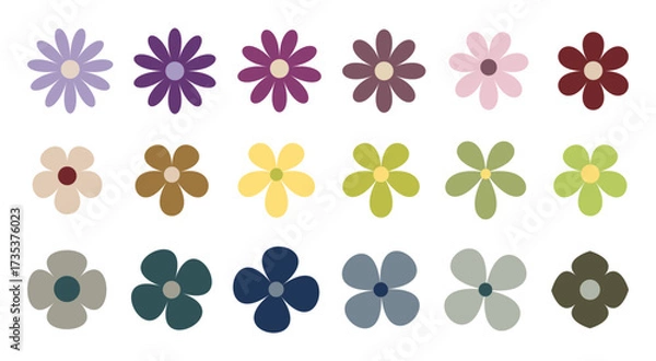 Fototapeta A set of flower icons in trending colors. Multicolored daisies isolated on a white background, flat design, vector. Blooming Abstract Floral Various Organic Botanical Elements for Decoration, Design