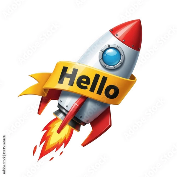 Fototapeta Cartoon rocket ship with hello banner blasting off isolated on transparent background