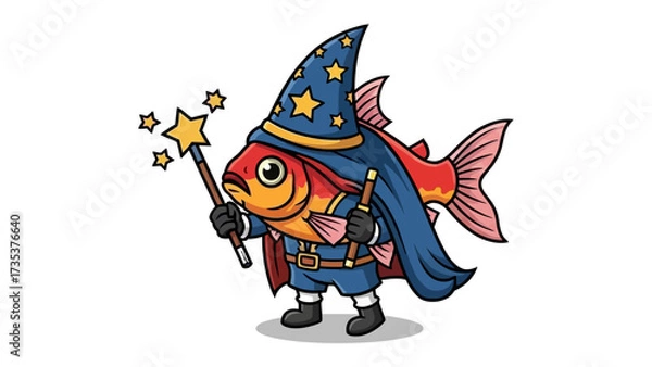 Obraz The Aquatic Wizard: A whimsical illustration presents a vibrant goldfish, playfully garbed as a wizard, complete with a hat and wand, conjuring a constellation of sparkling stars.