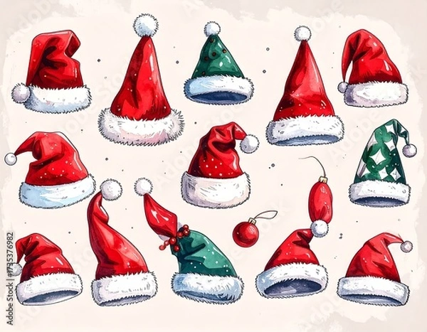 Obraz Collection of various Santa hats in different styles.  Colorful and whimsical