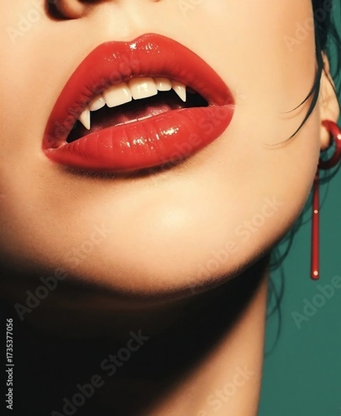 Fototapeta Glamorous Red Lips with Vampire Fangs Halloween Makeup Close-Up Portrait