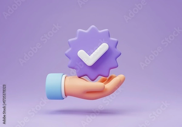Fototapeta 3D Hand Holding Verified Badge Icon Concept of Approval Certification and Confirmation Representing Success and Achievement on a Purple Background