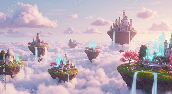 Fototapeta futuristic Floating Islands City Above the Clouds at Sunset