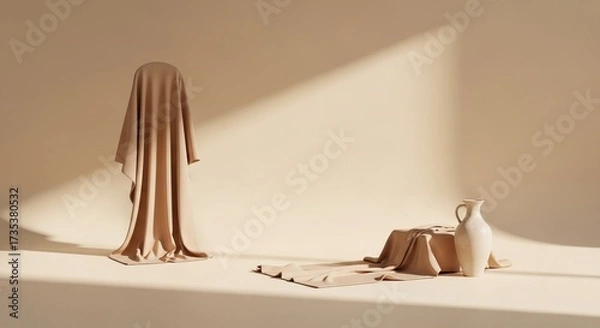 Fototapeta 3d icon of a minimalist still life composition featuring a draped form and a ceramic jug on a neutral background with soft, directional lighting creating gentle shadows