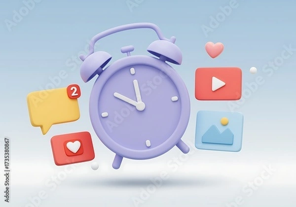 Fototapeta Alarm clock with social media icons reminder for online engagement and content creation time management for digital marketing strategy