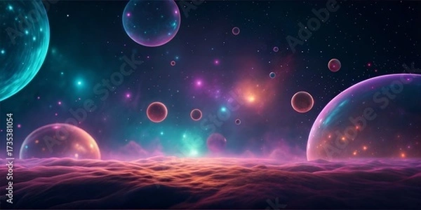 Fototapeta 3d icon of a vibrant and surreal cosmic landscape with glowing planets, nebulae, and stars in a dreamy, colorful galaxy