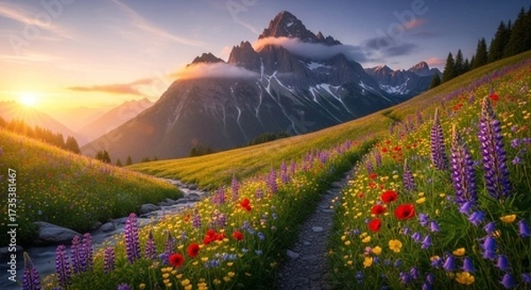 Fototapeta 3d icon of vibrant alpine meadow at sunrise, with a winding path through colorful wildflowers leading to majestic, cloudkissed mountains