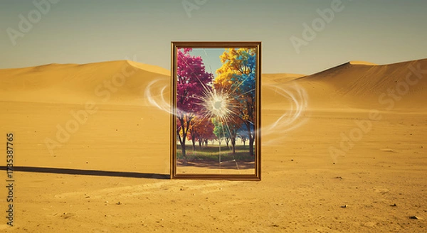 Fototapeta Surreal Urban Skyline with Cracked Mirror Reflection