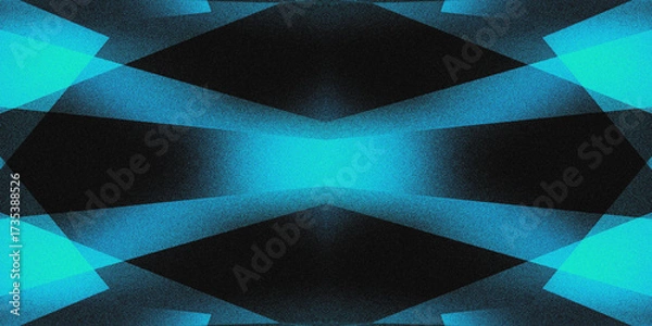 Fototapeta Symmetrical abstract blue geometric wave pattern with black contrast and grainy noise texture overlay in digital art design