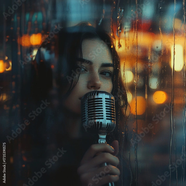 Fototapeta Melancholic portrait of a woman holding a retro microphone near a rainy window with warm city lights in the background