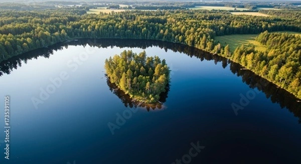 Fototapeta Aerial view of a serene lake with a tree covered island reflecting the surrounding forest and sunlight