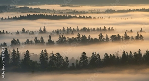 Fototapeta Aerial view of forested hills shrouded in morning mist providing a serene and atmospheric landscape