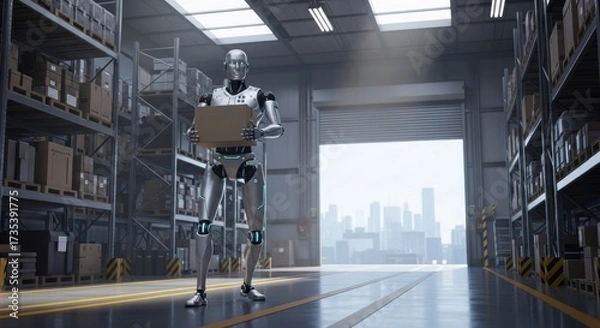 Fototapeta Futuristic robot carrying package inside factory photo  