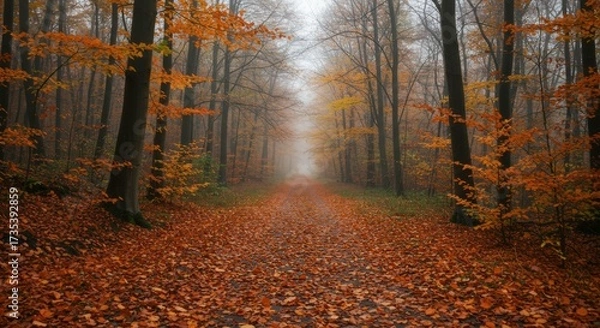 Fototapeta Autumn forest scene with path covered in fallen leaves and trees disappearing into the mist