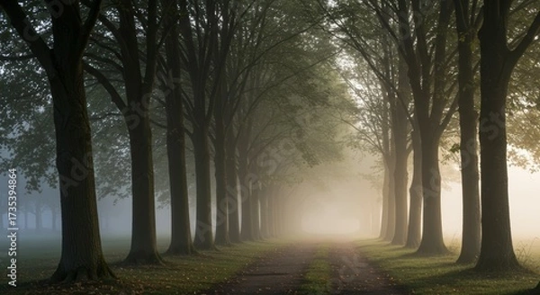 Fototapeta Avenue of trees bathed in morning mist with sunlight creating atmospheric perspective and visual interest