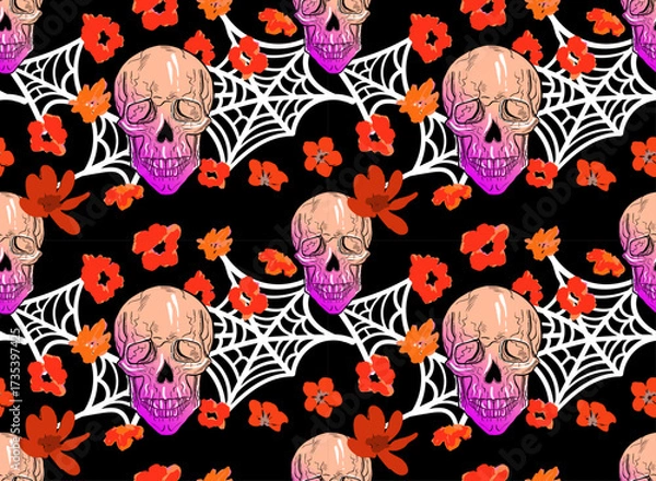 Fototapeta Halloween seamless pattern with skulls and flowers in neon colors. Beautiful hand drawn gothic fashion print.